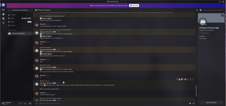 Discord DM: agent replies, case resolved, bot resumes