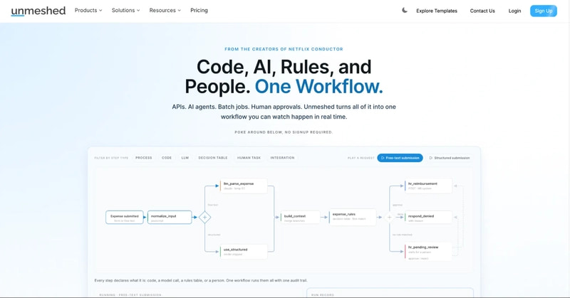 Unmeshed AI workflow orchestration platform for agentic AI, durable execution, workflow governance, human-in-the-loop approvals, API orchestration, and production AI automation.