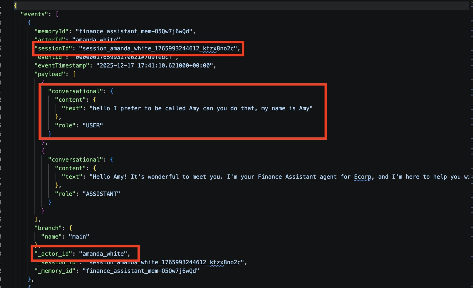 JSON output of an AgentCore memory event with highlighted session ID, actor ID "amanda_white," and the chat history between a user and a Finance Assistant agent.