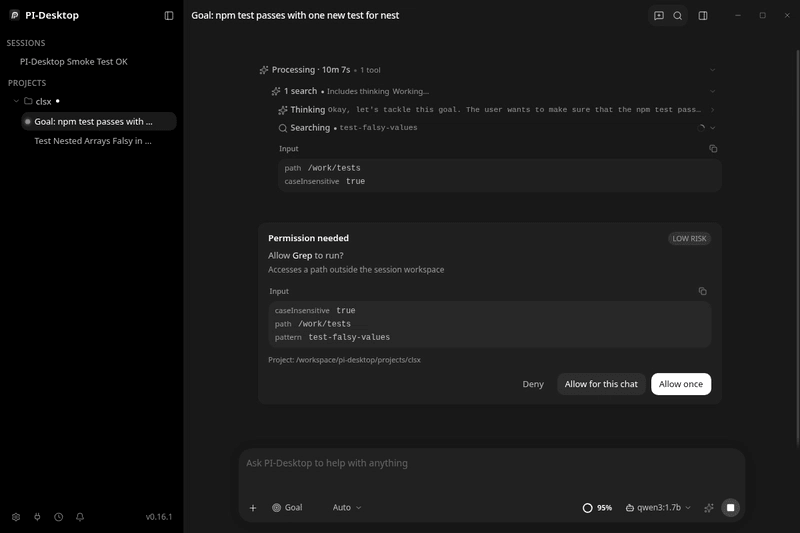 Goal mode: even under Auto, a Grep on a path outside the workspace triggered a permission prompt