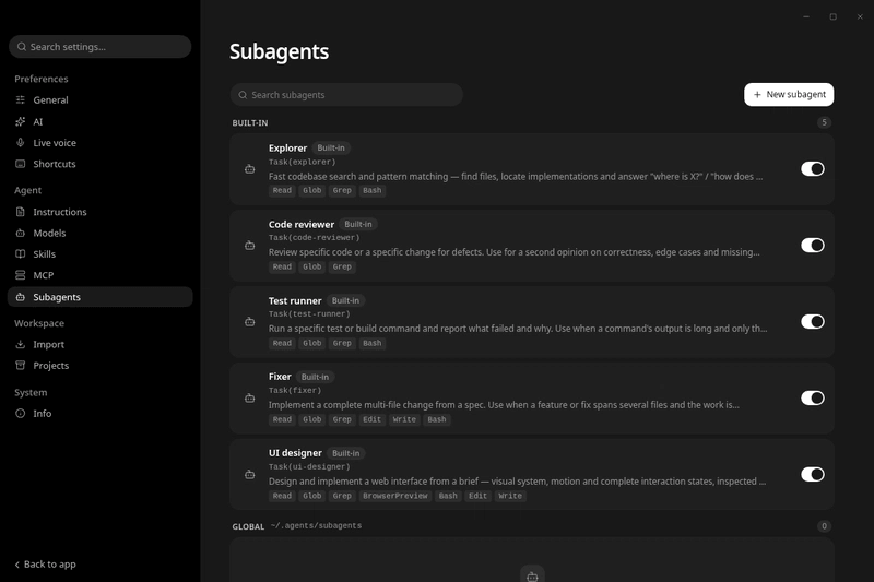 The five built-in subagents in Settings, each with its own tool set