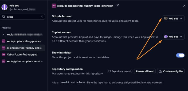 Copilot app settings with arrows pointing to the separate settings for the GitHub and Copilot account.