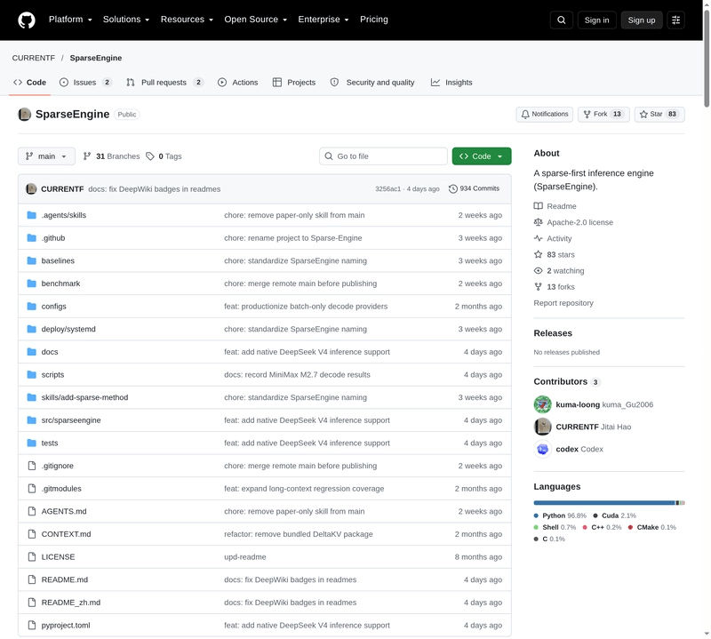 Capture of the CURRENTF/SparseEngine repository page on GitHub, showing the repository name, description, Apache-2.0 licence, Python language share, 83 stars, 13 forks and the file listing.