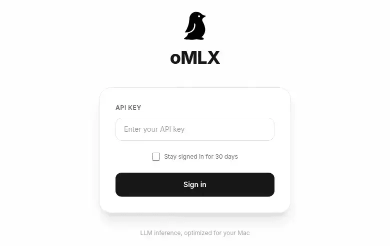 Login screen of the oMLX admin panel at localhost:8000/admin, with the API Key field empty and a 