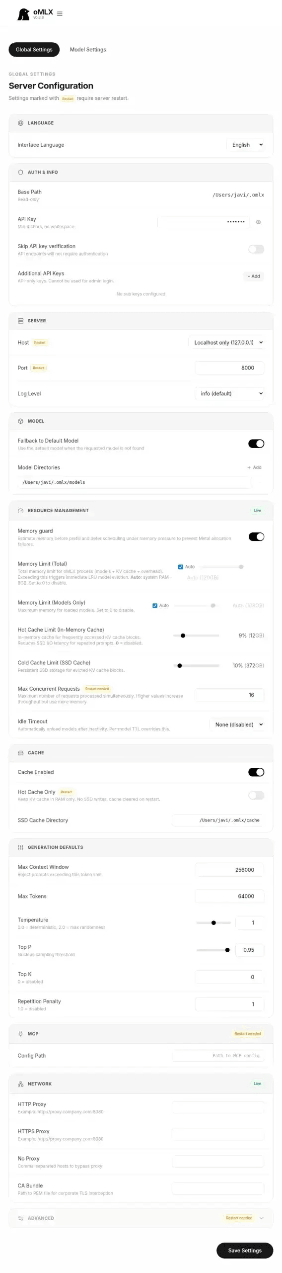 oMLX Global Settings page: Host set to Localhost only (127.0.0.1), Port 8000, Memory Limit Total Auto (120 GB), Memory Limit Models Only Auto (108 GB), Hot Cache at 9% (12 GB), Cold Cache SSD at 10% (372 GB), Max Concurrent Requests 16, Idle Timeout None, Max Context Window 256000, Max Tokens 64000, Temperature 1.0, Top P 0.95