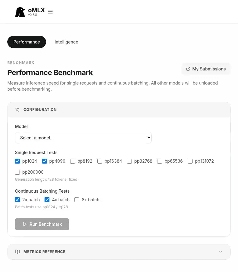 oMLX Bench → Performance Benchmark page with Qwen3.6-35B-A3B-MLX-8bit selected, Single Request Test checkboxes (pp1024, pp4096, pp8192, pp32768) and Continuous Batching Test checkboxes (2x, 4x, 8x), Run Benchmark button, and My Submissions link