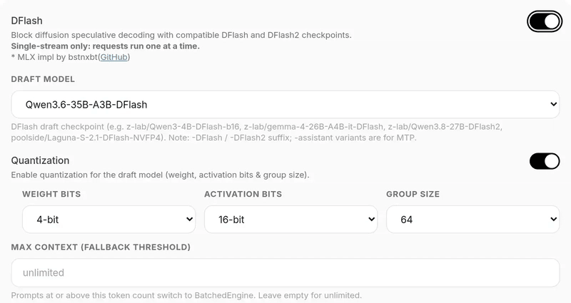 oMLX 0.6.4 DFlash card with the Qwen3.6-35B-A3B-DFlash drafter selected, drafter quantisation on with 4-bit weights, 16-bit activations and group size 64, and the max context threshold left unlimited