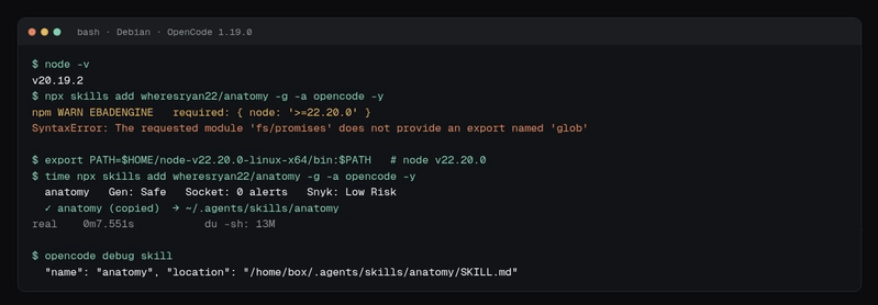 Installing Anatomy: the Node 20 crash, then a clean install on Node 22.20