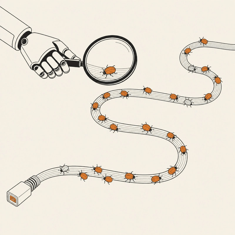 A robotic hand holding a magnifying glass over a long coiled cable, with small beetles crawling along it, most of them highlighted in orange