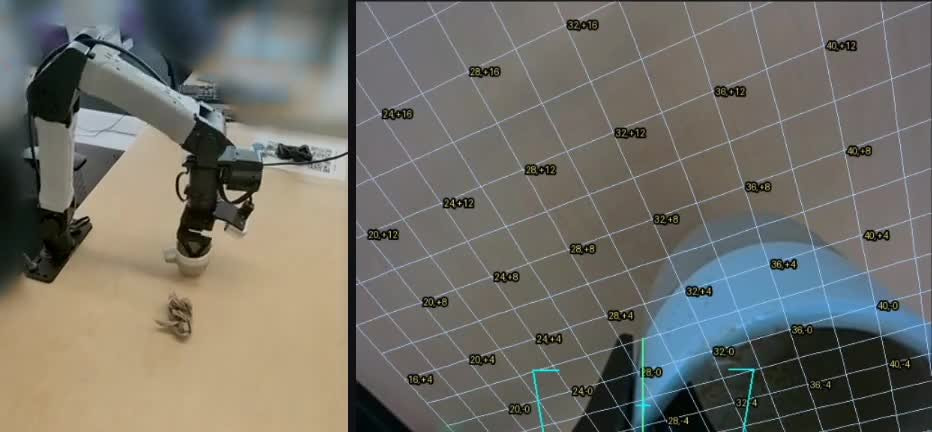 Without prior training, Argon rights a toppled cup and tucks a napkin inside, guided by a coordinate grid in the camera image. | Image: Google