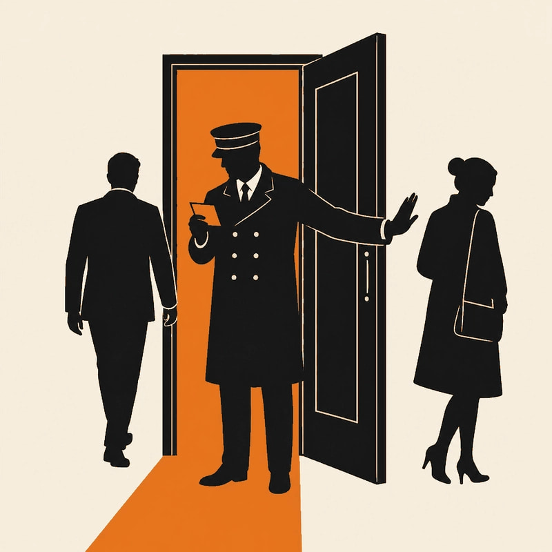 A doorman at a club entrance reading a small card, letting one figure through and turning another away