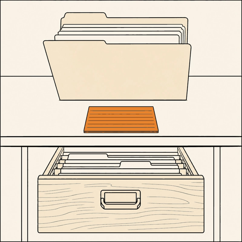 Three tiers of a filing system: an index card always on the desk, a folder opened on demand, and a closed drawer of reference files