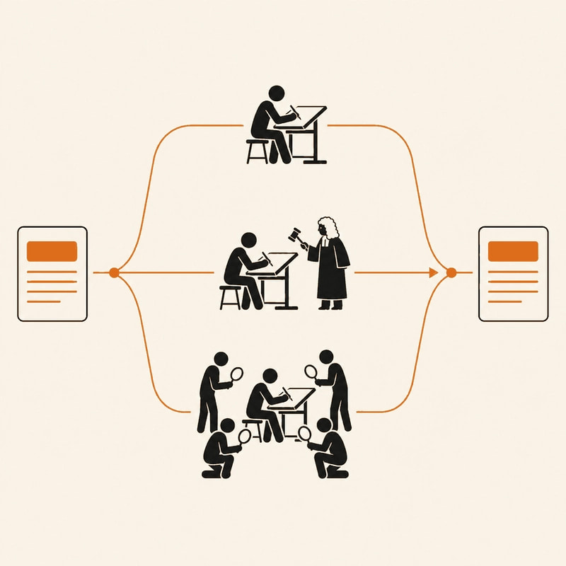 Flat editorial illustration of a single request card splitting into three paths, one model drafting, a judge figure holding a gavel, and several reviewer silhouettes, merging back into one answer