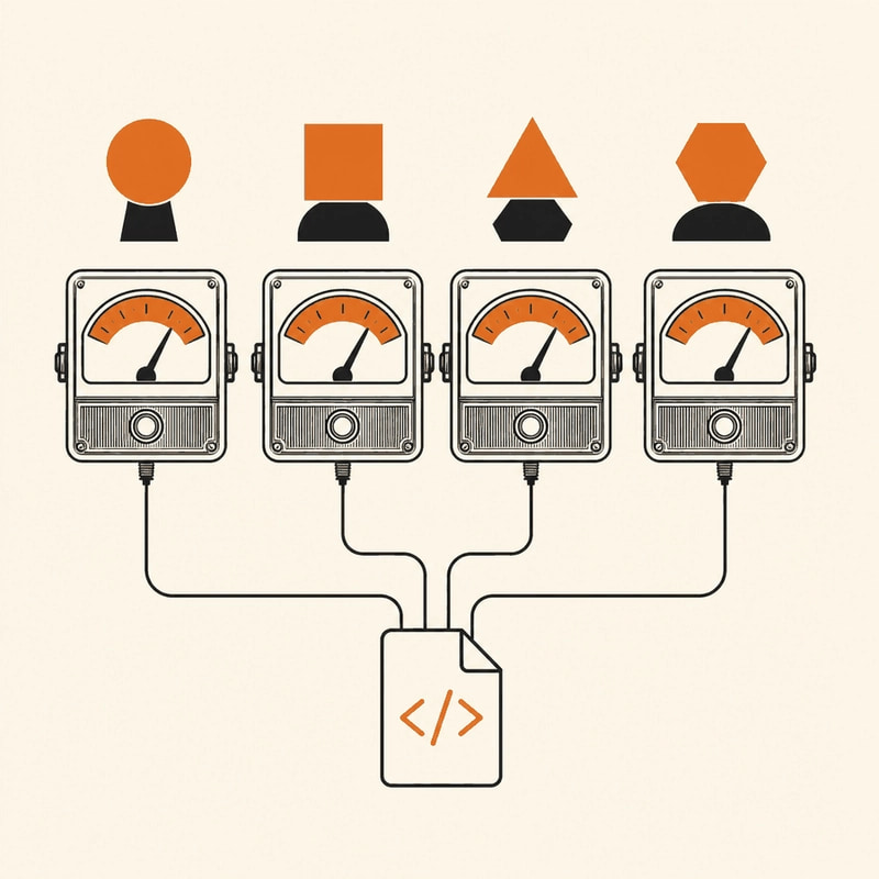 Flat editorial illustration of four taxi-style meters ticking side by side above a single code file, each meter connected to a different model silhouette