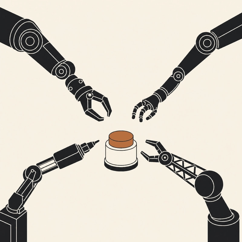 Editorial illustration of several differently shaped robot arms reaching for the same single orange button on a pedestal