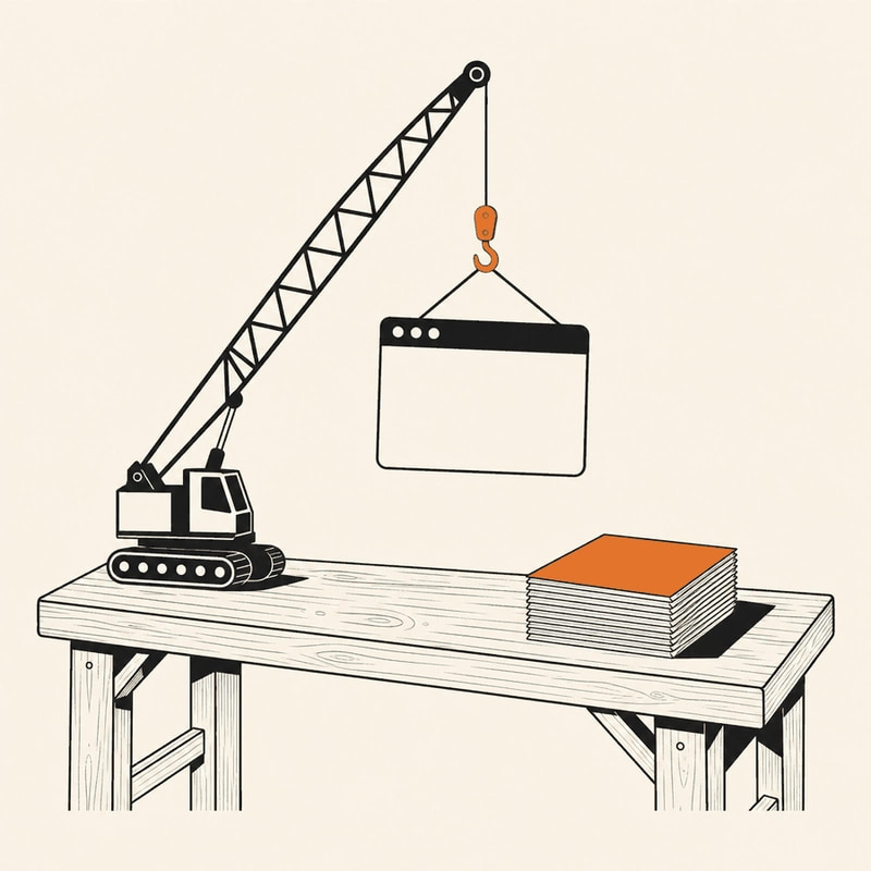Editorial illustration of a crane lifting one terminal window off a workbench while a stack of plain paper documents stays on the bench untouched