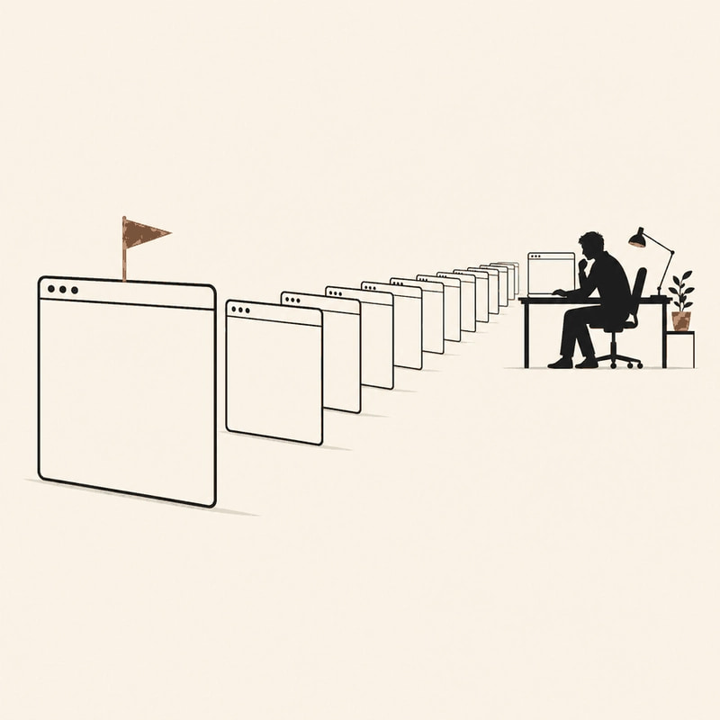 A single orderly line of terminal windows leading to one desk where a developer silhouette reads the first one, with an orange marker on the oldest