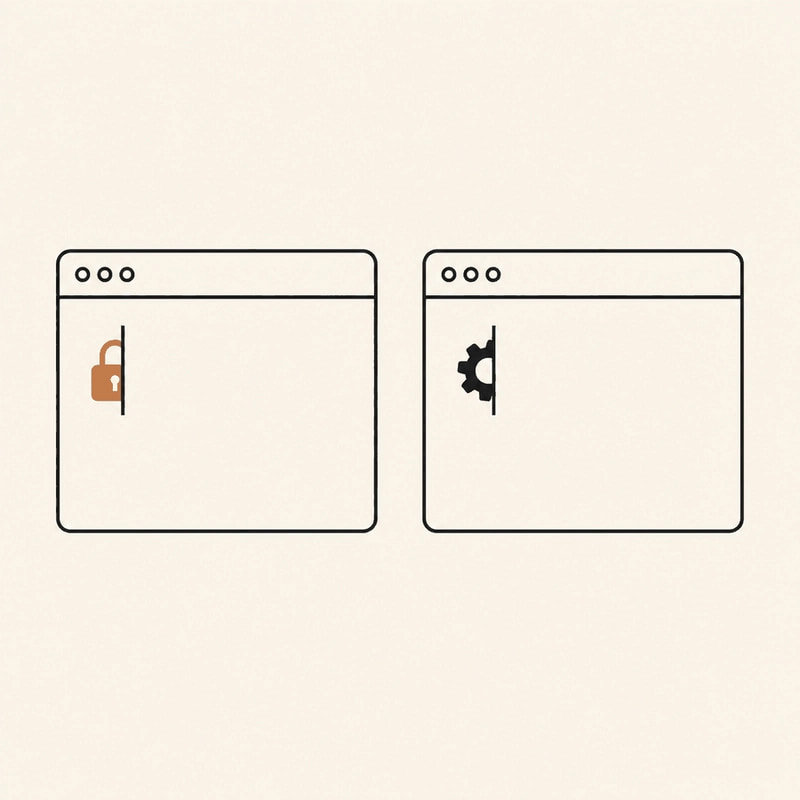 Two identical terminal windows side by side, one with a small padlock hidden behind its cursor, the other with a quiet gear turning