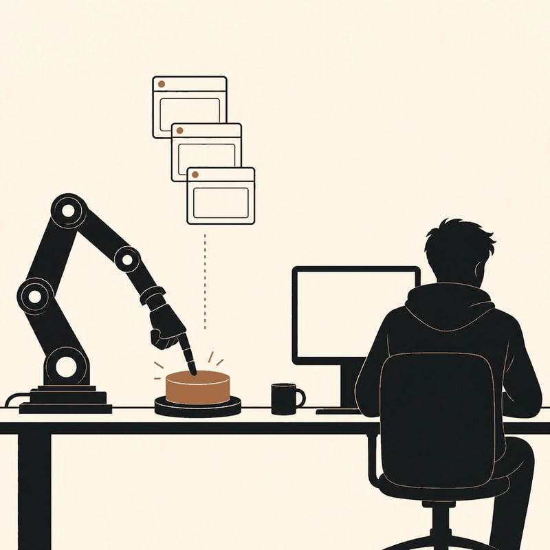 A mechanical arm pressing a large orange button on a desk while a developer silhouette looks away at a second screen