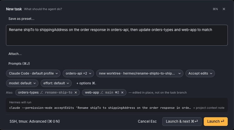 The New task sheet in Hermes 2.3 for a cross-repo rename, with a project chip reading orders-api +2, a new hermes/ worktree, Accept edits, the Also chips for the extra folders, and a preview of the command Hermes will run