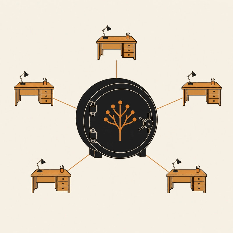 One large vault labelled with a git branch symbol in the centre, with five small identical desks around it, each linked to the vault by a thin line