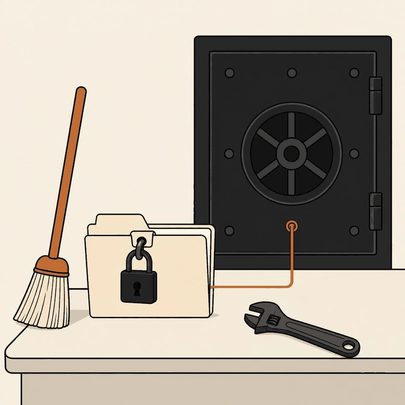 A small paper folder on a desk with a padlock on its tab, a broom leaning on one side and a wrench on the other, connected by a thin line to a large vault