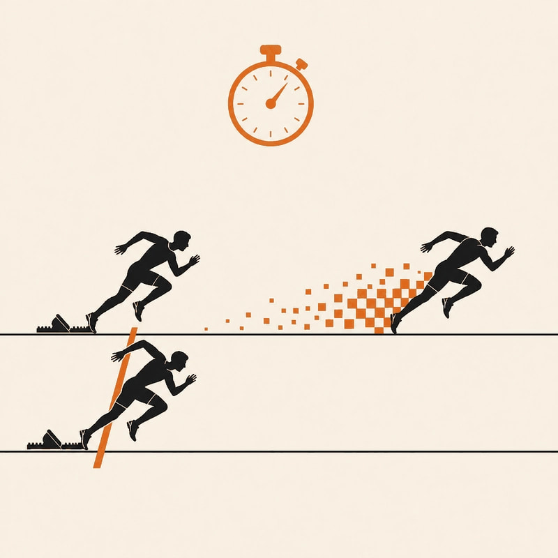 Two runners on parallel tracks leaving the same starting block at the same moment, one pulling far ahead only after the first stride, with a burnt-orange stopwatch above them