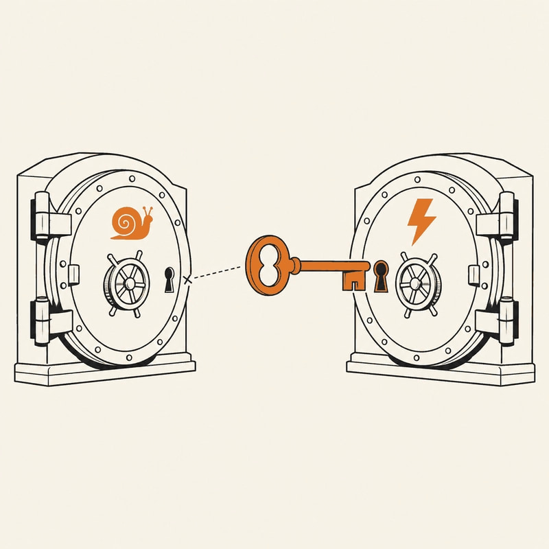 Two separate vaults side by side, one marked with a snail emblem and one with a lightning emblem, and a single key that fits only one of them
