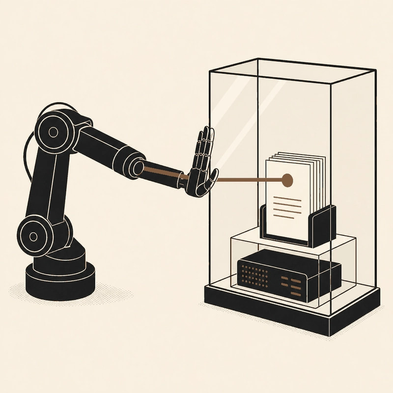 A robot arm reaching toward a glass display case of backend files, able to look but stopped at the glass