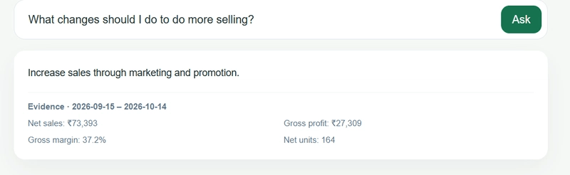 Earlier StockSense Ask screen: generic advice in response to a sales-growth question