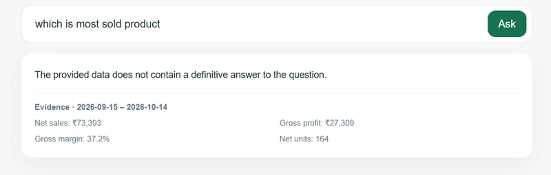 Earlier StockSense Ask screen: the most-sold-product question and the metrics shown as evidence