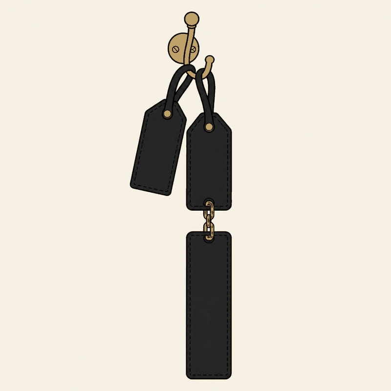Two luggage tags on one hook, a short one and a longer one with the same shape at the top, joined by a small orange chain