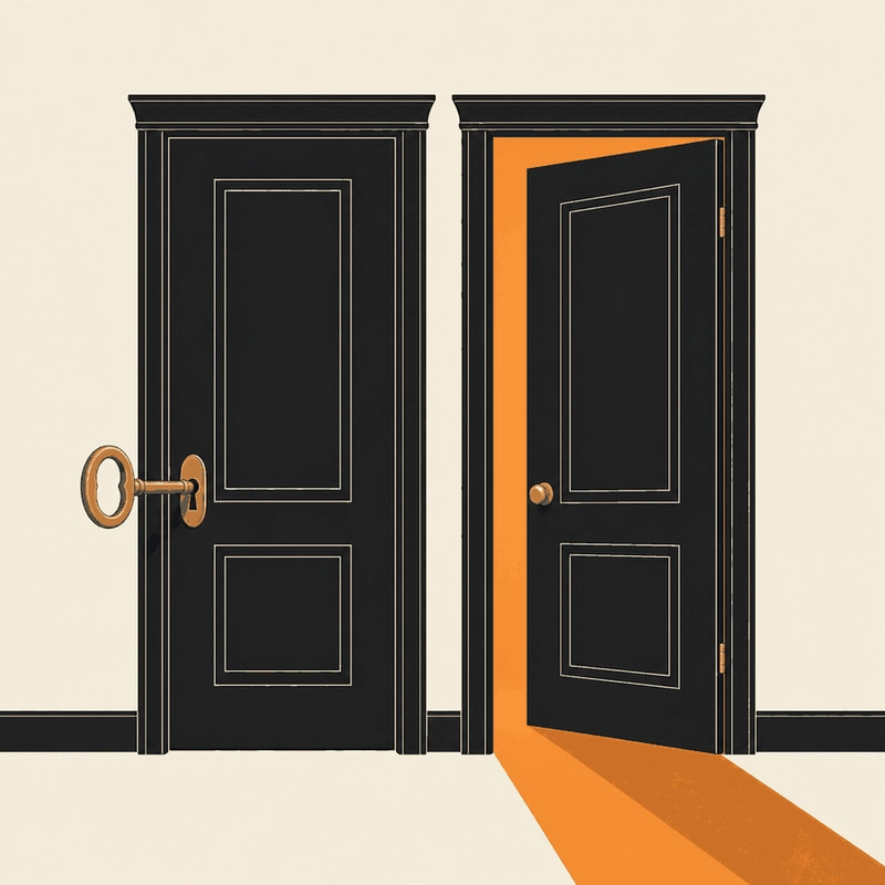 A single brass key fitting two doors side by side, the second door slightly ajar with burnt-orange light behind it