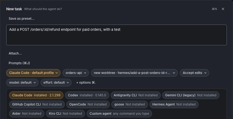 The Hermes ⌘N New task sheet with its agent picker open, Claude Code 2.1.299 selected and Codex 0.145.0 installed