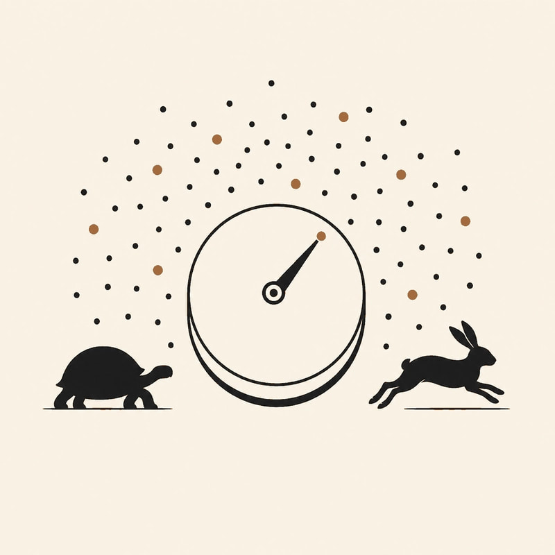A control dial turning between a tortoise and a hare, with scattered target points behind it