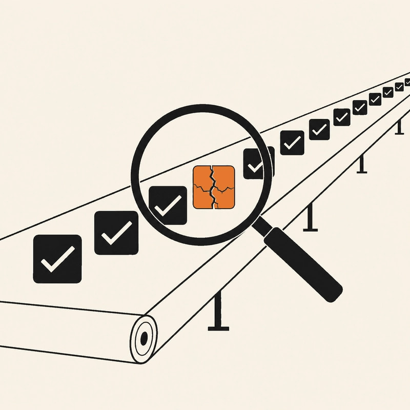 A long row of black checkmark tiles on a cream conveyor belt, one cracked burnt-orange tile under a large magnifier