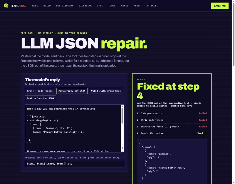 Screenshot of the free LLM JSON repair tool on tensorust.com with the real JavaScript-style Llama reply loaded: steps 1 to 3 failed, step 4 fixed it by cutting the JSON out of the text, swapping single quotes and quoting bare keys, and the fixed JSON shows items bananas 12 and peanut butter jars 2. All 3 required keys present.