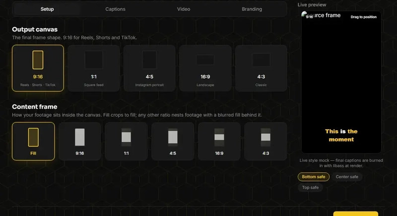 Hive Clips AI configure screen with output canvas options 9:16, 1:1, 4:5, 16:9 and 4:3