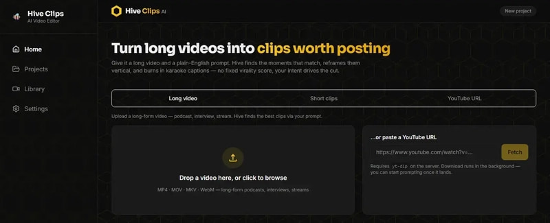 Hive Clips AI home screen with a video upload area and a YouTube URL field