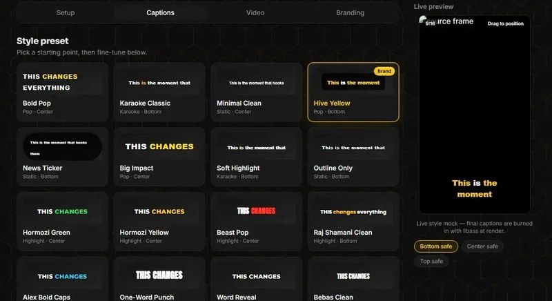 Hive Clips AI caption style presets including Bold Pop, Karaoke Classic, Hive Yellow and Hormozi Green