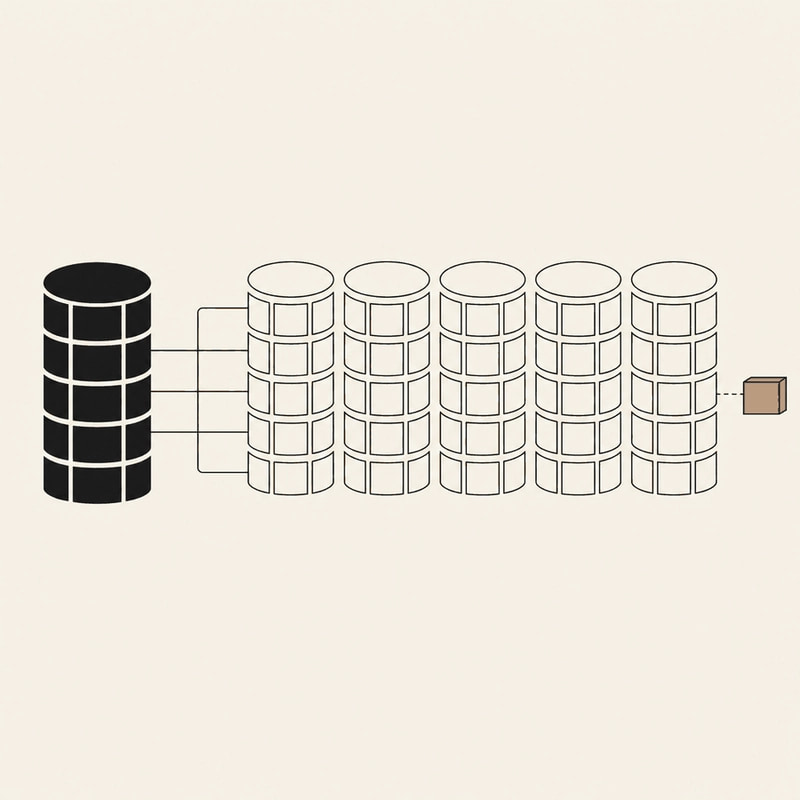 A large database cylinder made of stacked blocks with five thin outlined copies beside it that reuse the same blocks, and one burnt-orange block splitting off from a copy