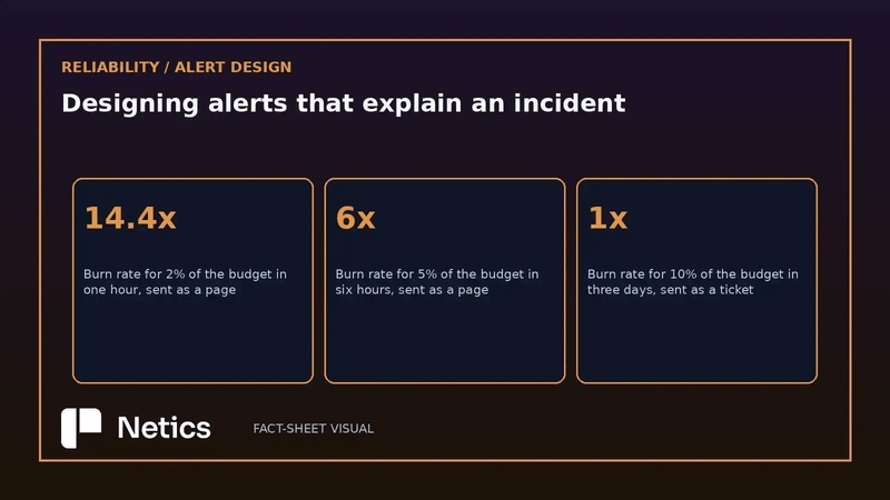 Netics editorial diagram of the burn-rate thresholds recommended for paging and tickets, showing 14.4x for 2% of the budget in one hour, 6x for 5% in six hours and 1x for 10% in three days.