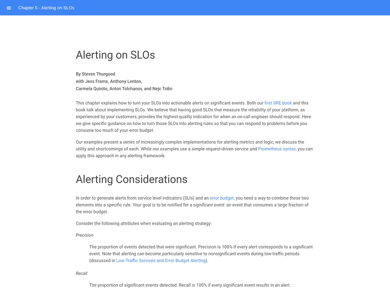 Capture of the official Google SRE Workbook chapter Alerting on SLOs, showing the introduction, alerting considerations, precision and recall.