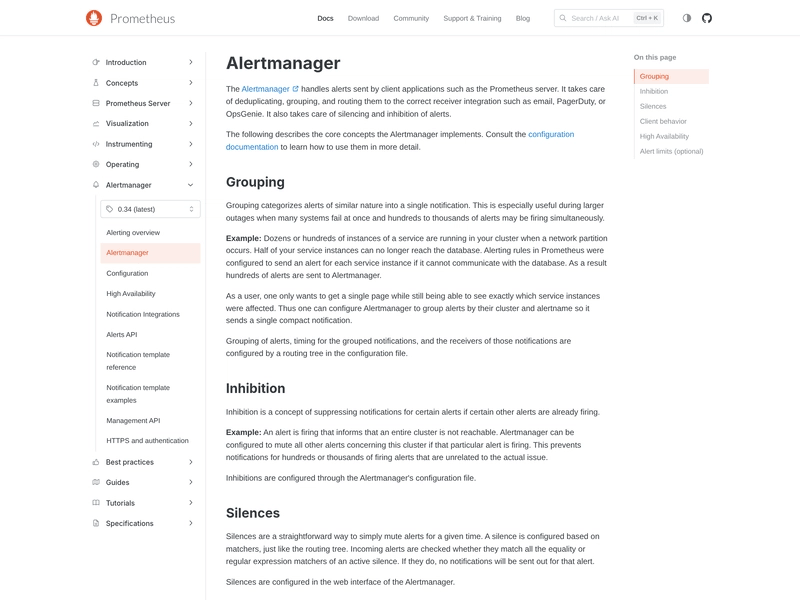 Capture of the official Prometheus Alertmanager documentation page, showing the component description and the Grouping, Inhibition and Silences sections.