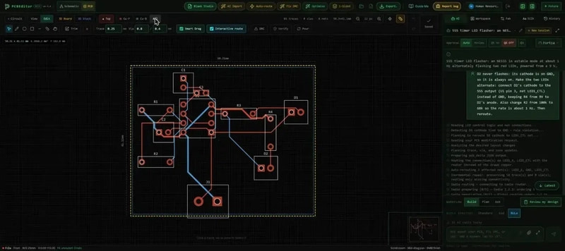 The 555 flasher board in PCBEditor with the chat request and the edit log on the right