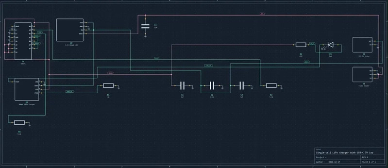 Generated schematic of the USB-C LiPo charger with an MCP73831 and AP2112K