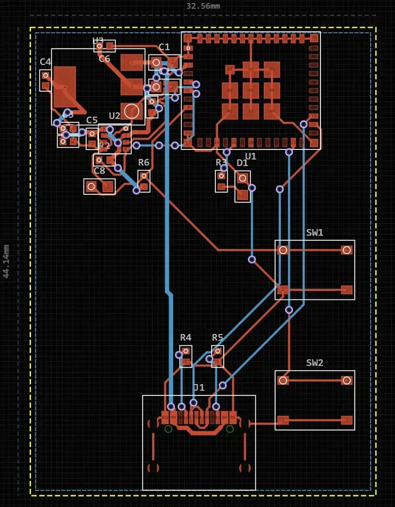 The ESP32-C3 board after the fix, module at the top edge