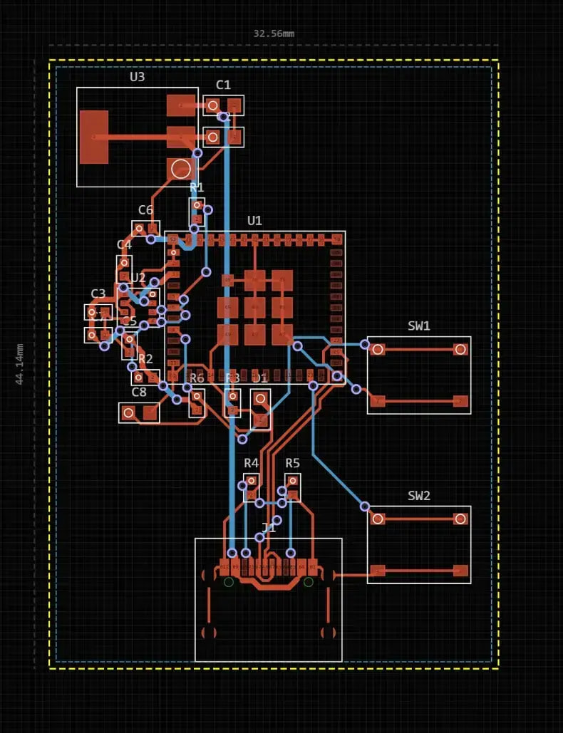 First layout with the ESP32-C3 module in the middle of the board