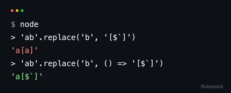 Terminal: in the Node REPL, replacing b in the string ab with a replacement string that contains a dollar sign and a backtick inserts the text before the match, the letter a, while returning the same text from an arrow function inserts it unchanged